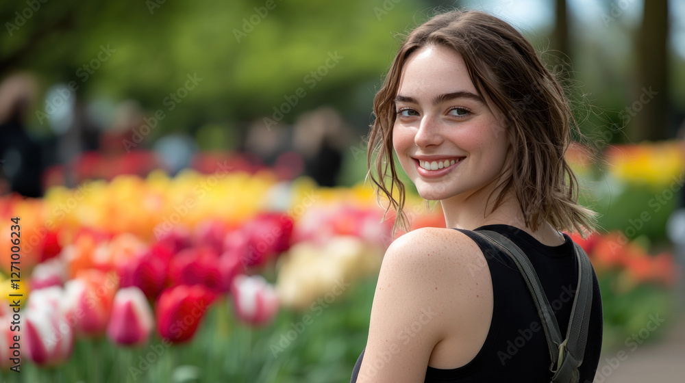 Australian woman in black t-shirt smiling enjoying vacation trip at tulip garden Australian woman in black t-shirt smiling enjoying vacation trip at tulip garden