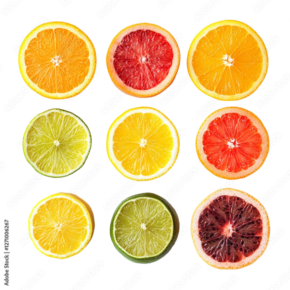 Fototapeta premium CONTENT exhibited, top view of six different fruits: sliced lemon and orange on the left side, lime in the transparent background PNG.