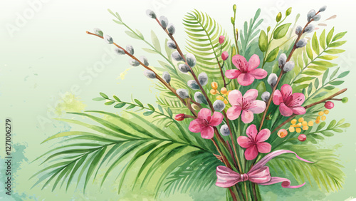 Watercolor bouquet of vibrant willow branches and flowers in lively greens and pinks, cheerful and festive, capturing the joy of Willow Sunday celebrations with copy space  
