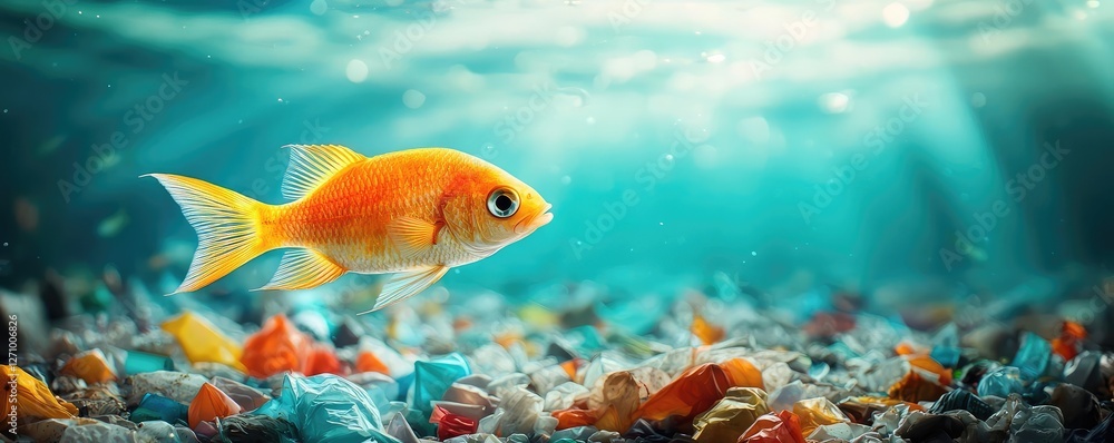 Plastic pollution concept. A vibrant goldfish swimming through colorful underwater plastic debris. Plastic pollution concept. A vibrant goldfish swimming through colorful underwater plastic debris.