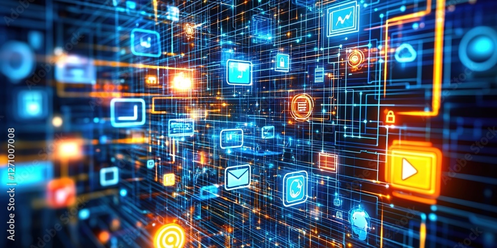 Digital background featuring an array of social media icons and tech symbols on a digital display, representing the use of AI in marketing for showcasing products or services. Digital background featuring an array of social media icons and tech symbols on a digital display, representing the use of AI in marketing for showcasing products or services.
