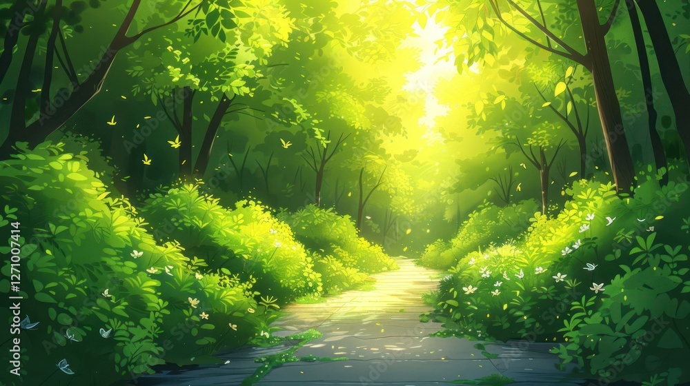 Fototapeta premium A serene forest path illuminated by sunlight, surrounded by lush greenery and butterflies.