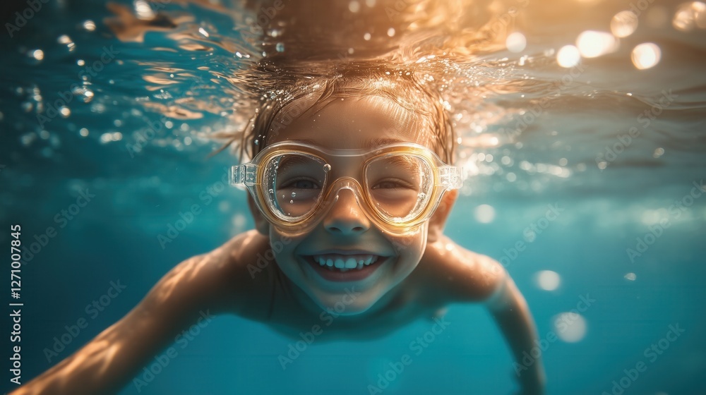 Naklejka premium Joyful child swimming underwater, wearing goggles and smiling, enjoying a refreshing swim in a pool or the sea