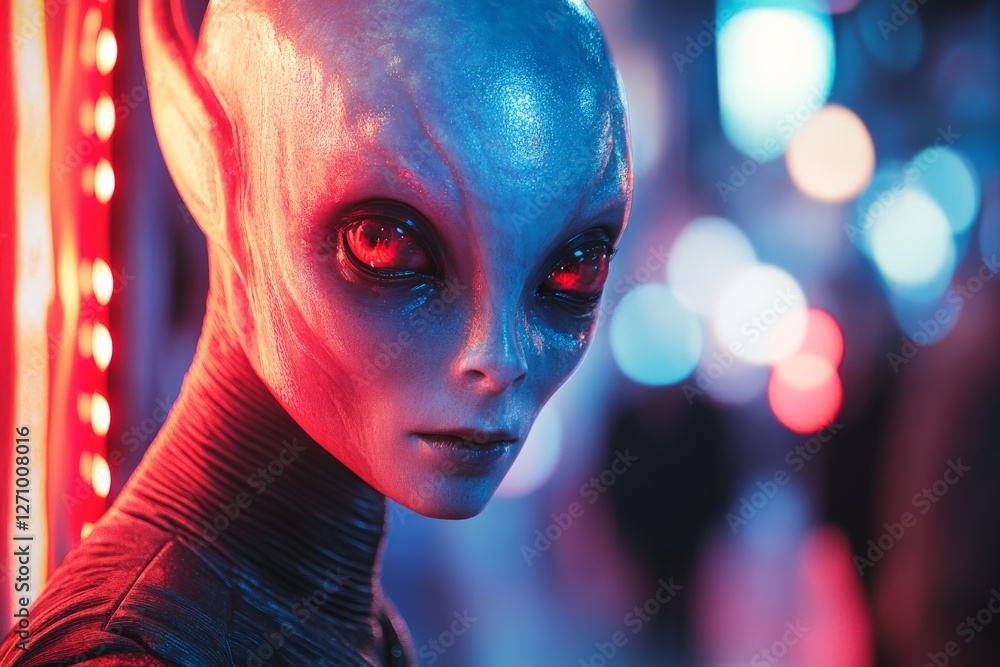 Striking alien figure with vibrant eyes highlighted against a colorful urban backdrop in a futuristic setting Striking alien figure with vibrant eyes highlighted against a colorful urban backdrop in a futuristic setting