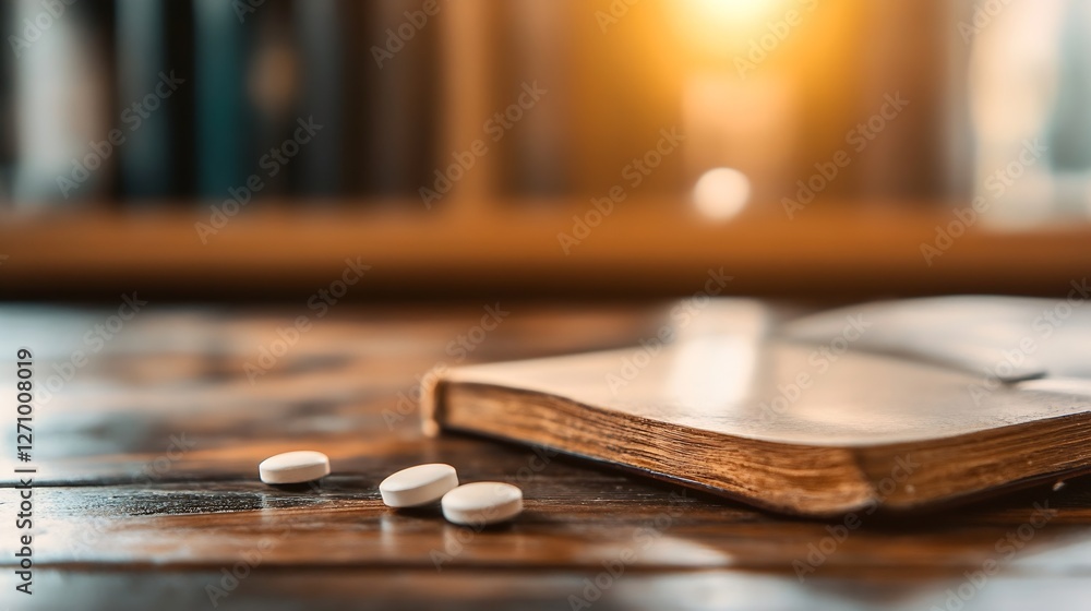 Three white pills lying on an open book laying on a wooden table with warm sunlight in the background : Generative AI Three white pills lying on an open book laying on a wooden table with warm sunlight in the background : Generative AI