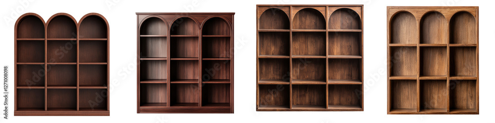 Empty wooden shelves or bookcases arranged in a clean minimalist interior design for home or office The shelves feature a modern simple style with compartments for storage display or organization Empty wooden shelves or bookcases arranged in a clean minimalist interior design for home or office The shelves feature a modern simple style with compartments for storage display or organization