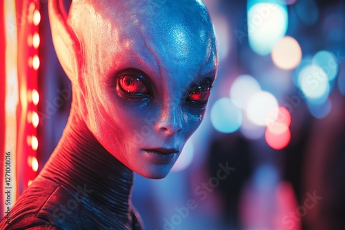 Striking alien figure with vibrant eyes highlighted against a colorful urban backdrop in a futuristic setting