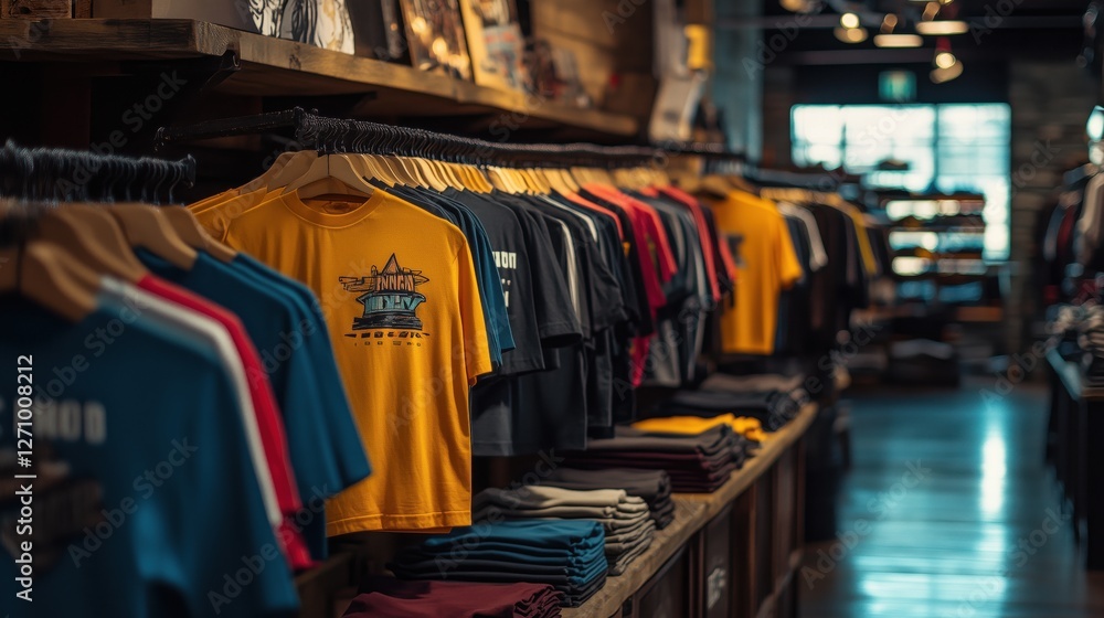 Fototapeta premium Various colorful t-shirts hanging on wooden hangers in a clothing store, showcasing a range of designs and styles