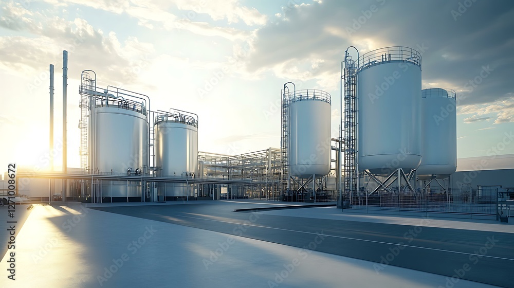 A modern hydrogen storage facility with large cylindrical tanks, clean industrial environment A modern hydrogen storage facility with large cylindrical tanks, clean industrial environment