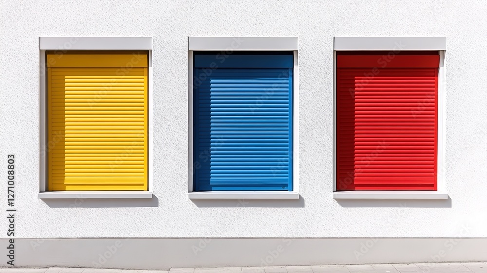 Three different roller shutter colors on a white house wall Three different roller shutter colors on a white house wall