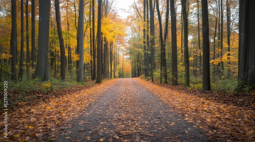 Obraz premium Autumnal Forest Road, fall foliage, pathway, nature scene, tranquil, peaceful, ideal for social media