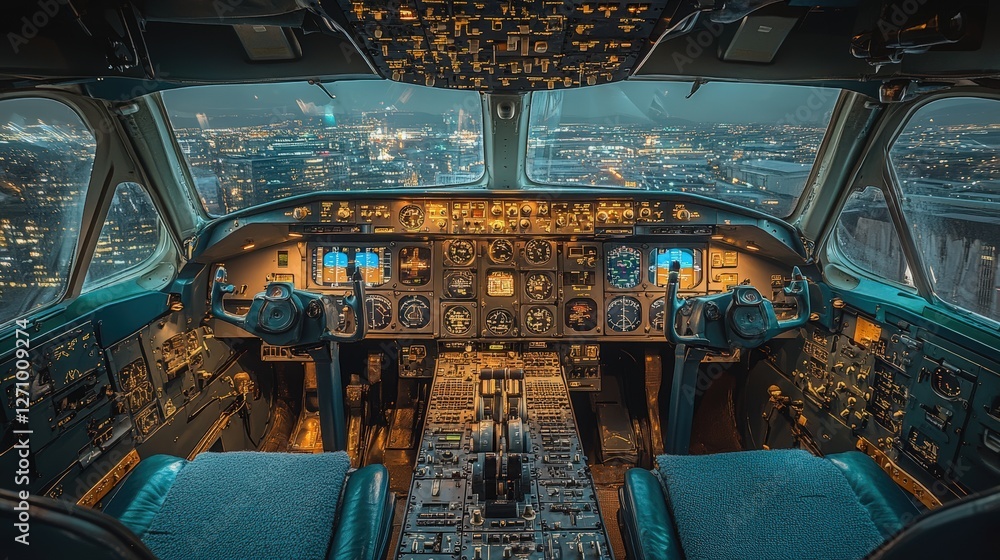 Fototapeta premium Captivating View of an Aircraft Cockpit at Night Featuring Control Panels, Instrument Displays, and City Lights in the Background for Aviation and Travel Enthusiasts