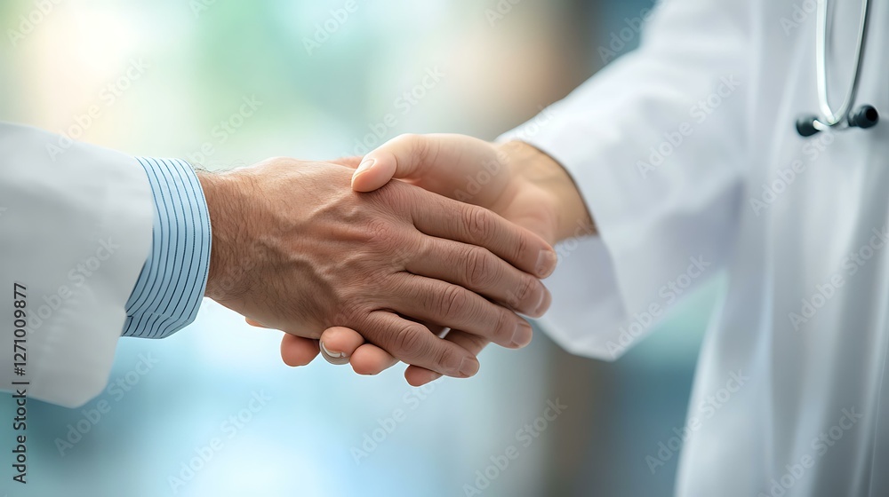 Close-up of an oncologist in a white lab coat gently holding a patient's hand, soft natural lighting, realistic detail Close-up of an oncologist in a white lab coat gently holding a patient's hand, soft natural lighting, realistic detail