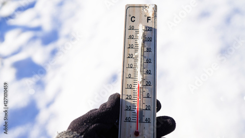 Photos Thermometer on winter snow background