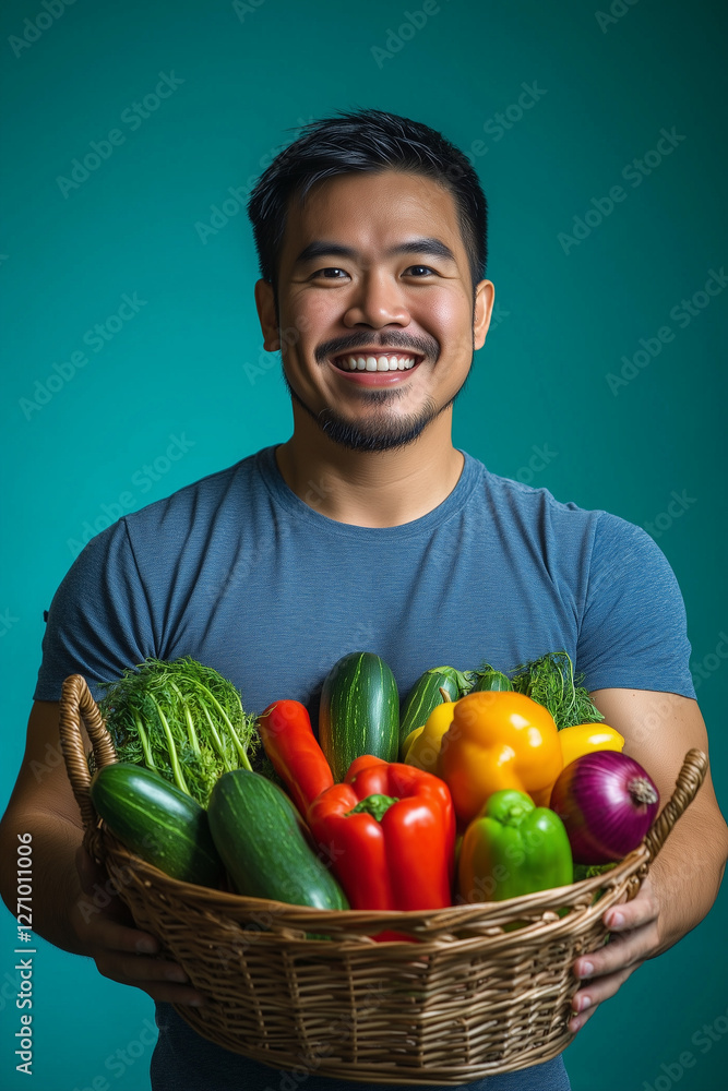 farmer man holding vegetables in basket, marketing photography, happy to sell you a product, standing, smiling, solid background farmer man holding vegetables in basket, marketing photography, happy to sell you a product, standing, smiling, solid background