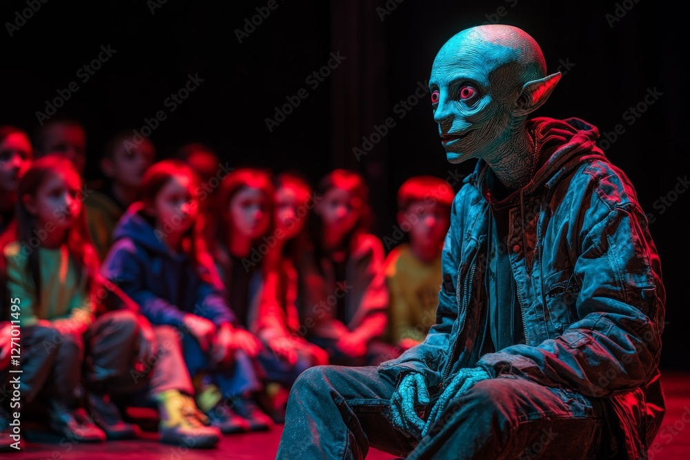 Fototapeta premium Alien character entertains children during theatrical performance in indoor venue at night