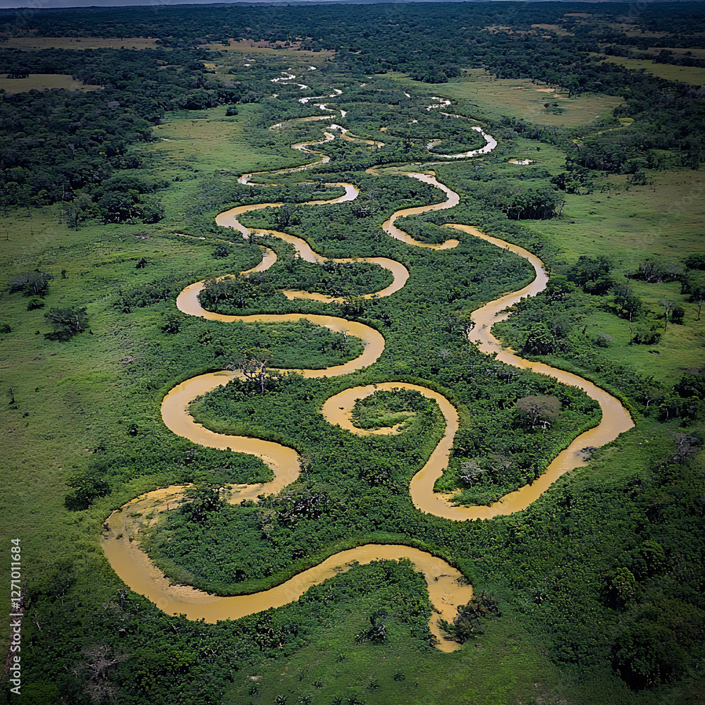 Aerial view of a meandering river its waters a distinctive tan winding through lush green fields and forest. Aerial view of a meandering river its waters a distinctive tan winding through lush green fields and forest.