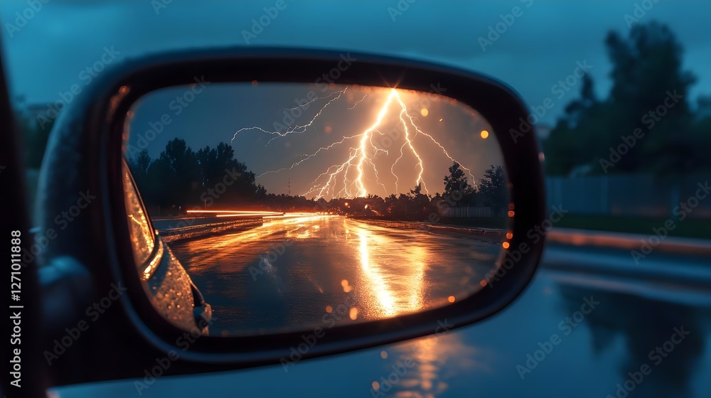 Dramatic lightning strikes illuminate a rainy road reflected in a car's side mirror during a storm Dramatic lightning strikes illuminate a rainy road reflected in a car's side mirror during a storm