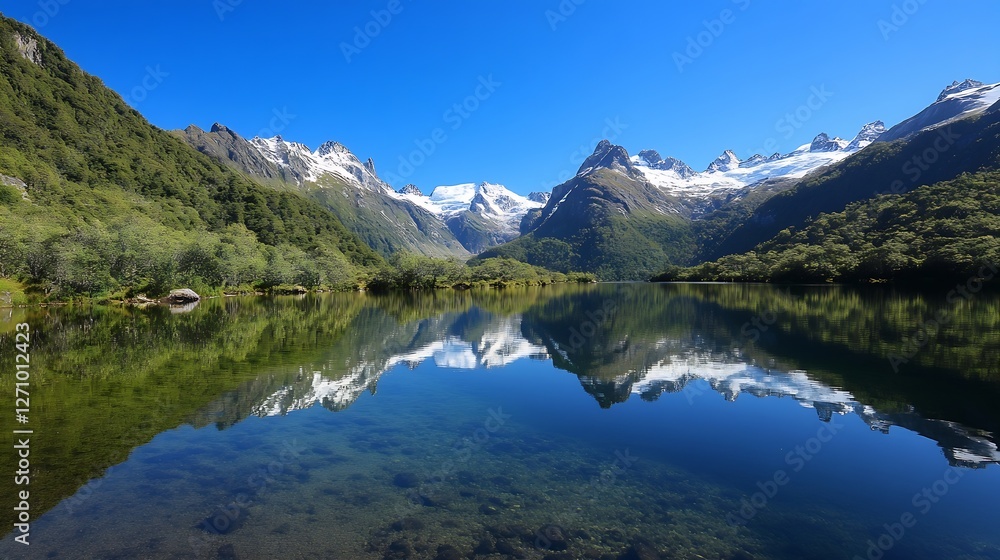 Fototapeta premium Stunning mountain landscape reflected in the serene calm waters of a pristine lake : Generative AI