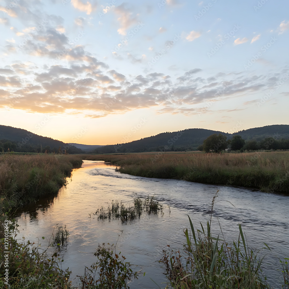 Golden hour illuminates a winding river through grassy fields with distant hills and a cloudy sky backdrop. Golden hour illuminates a winding river through grassy fields with distant hills and a cloudy sky backdrop.