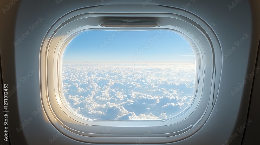 Serene View from Aircraft Window Capturing Fluffy White Clouds and Clear Blue Sky during Daylight, Ideal for Travel and Adventure Themes Serene View from Aircraft Window Capturing Fluffy White Clouds and Clear Blue Sky during Daylight, Ideal for Travel and Adventure Themes