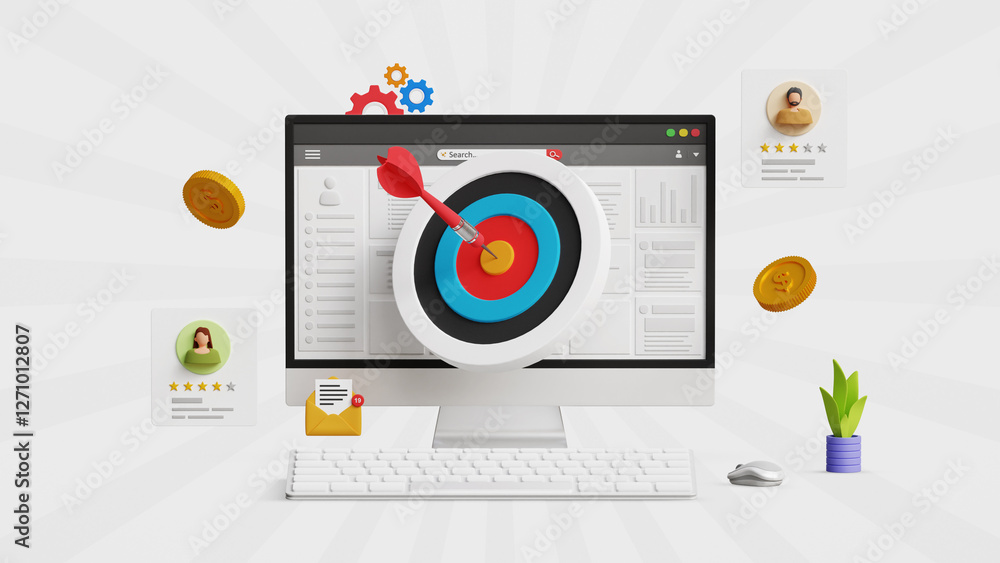 Digital target marketing, optimized campaign concept. Online marketing, customer engagement and acquisition, SEO, refine business strategies and goals. 3D Bullseye on computer with target customer Digital target marketing, optimized campaign concept. Online marketing, customer engagement and acquisition, SEO, refine business strategies and goals. 3D Bullseye on computer with target customer
