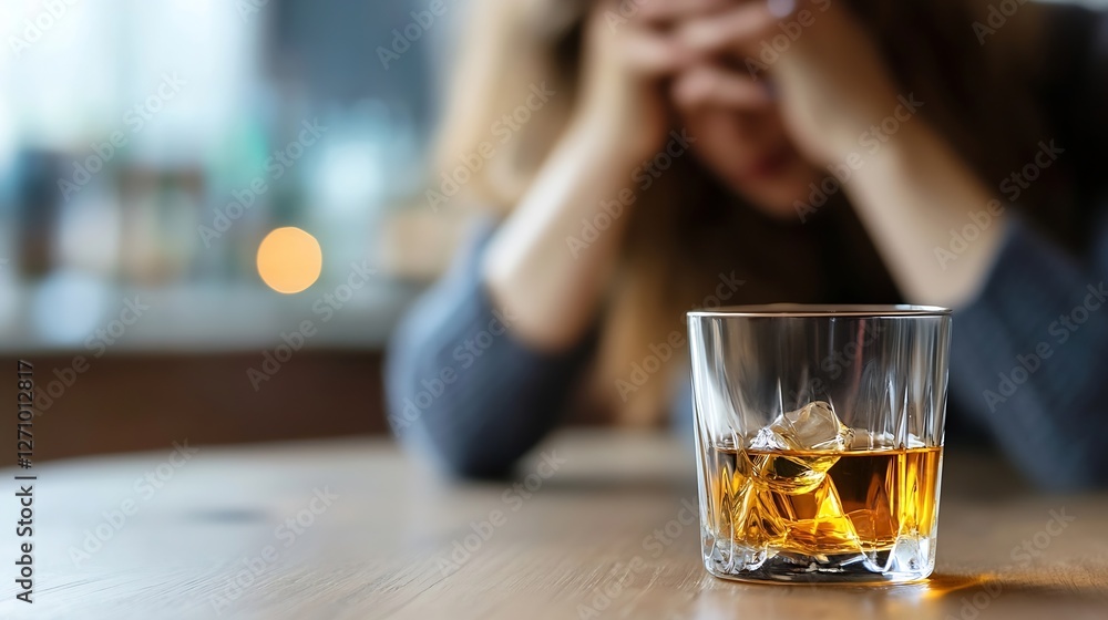 Close up of a whiskey glass with ice on a wooden table depicting a moment of contemplation or stress : Generative AI
