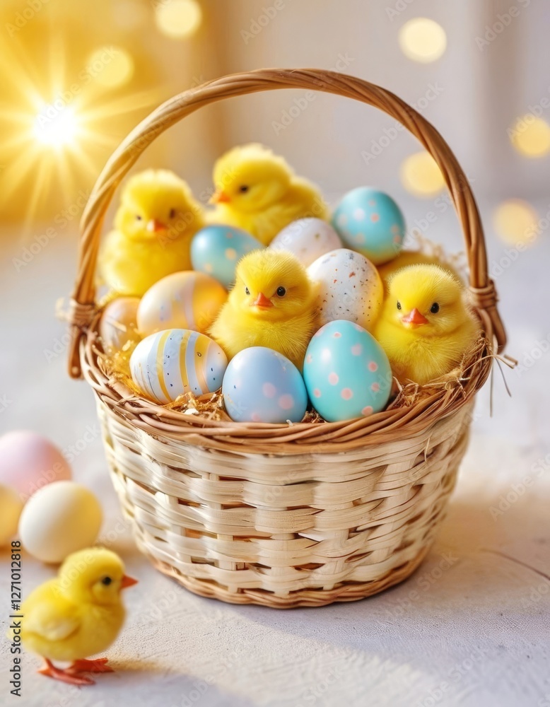 little fluffy yellow chicken chicks sitting in a basket together with Easter painted eggs, Easter photo for postcard design little fluffy yellow chicken chicks sitting in a basket together with Easter painted eggs, Easter photo for postcard design