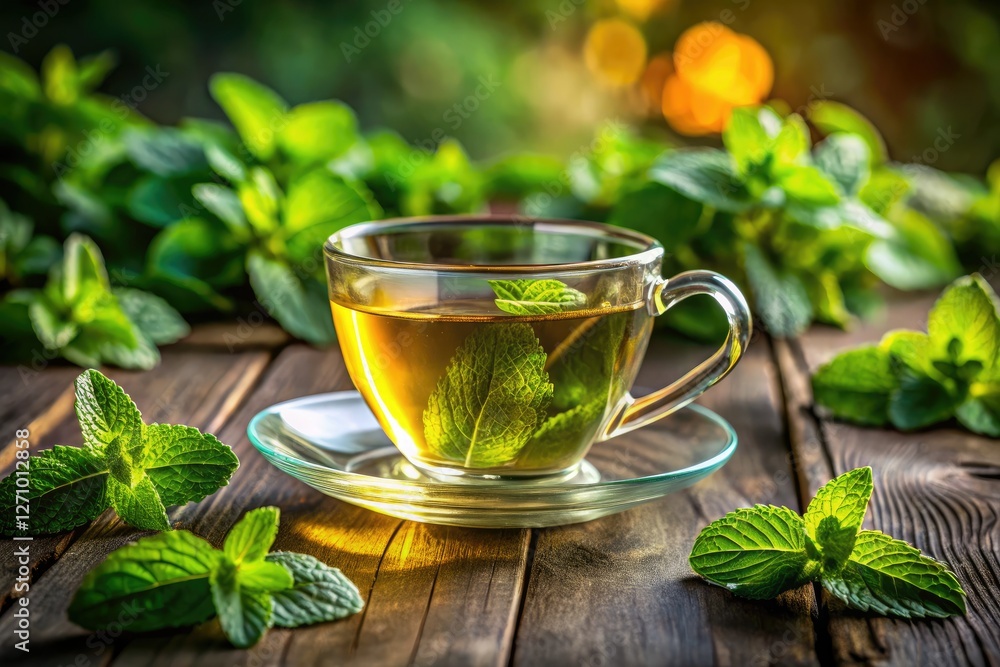Green tea leaves and a refreshing cup; a rule of thirds image showcasing perfect mint tea. Green tea leaves and a refreshing cup; a rule of thirds image showcasing perfect mint tea.