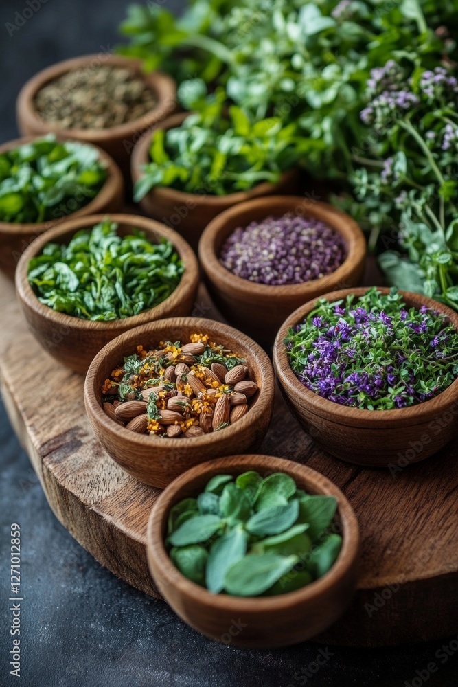 Variety of fresh herbs and spices in wooden bowls on rustic wooden board Variety of fresh herbs and spices in wooden bowls on rustic wooden board