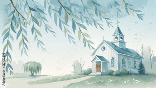 Serene church scene with swaying willow leaves in soft blues and whites, peaceful Willow Sunday ambiance with copy space  