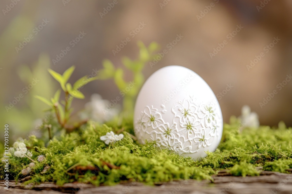 Elegant white egg with floral patterns on moss for easter decoration and nature-inspired design Elegant white egg with floral patterns on moss for easter decoration and nature-inspired design