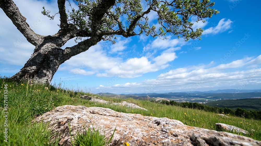 Tree Standing on Mountain Meadow with Scenic View of Blue Sky and Green Grass : Generative AI Tree Standing on Mountain Meadow with Scenic View of Blue Sky and Green Grass : Generative AI