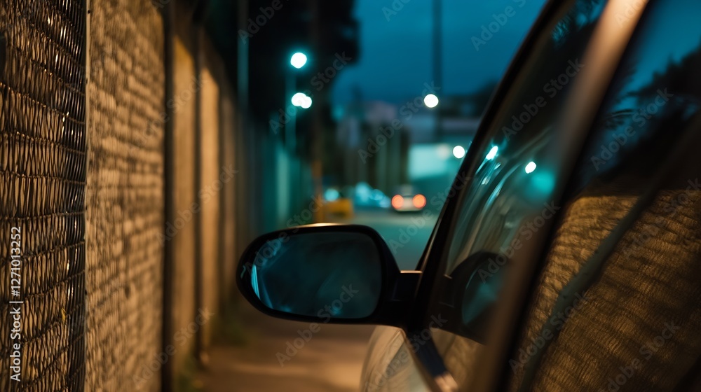 Nighttime urban scene of a parked car reflecting street lights and shadows : Generative AI Nighttime urban scene of a parked car reflecting street lights and shadows : Generative AI