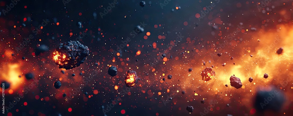 Fototapeta premium Asteroid impact idea. A stunning view of an extraterrestrial landscape filled with asteroids and cosmic dust.