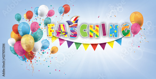 Fasching Cover mit bunten Luftballons vor einem blauen Himmel mit Sonnenstrahlen