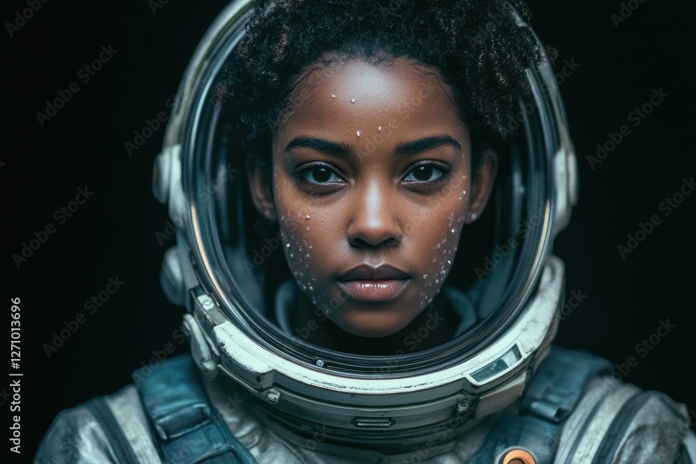 Close-up portrait of a determined female astronaut in a spacesuit, gazing intently at the camera against a dark background. Close-up portrait of a determined female astronaut in a spacesuit, gazing intently at the camera against a dark background.