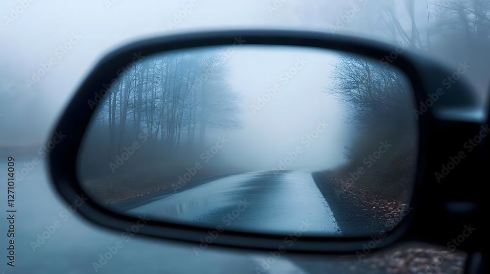 Foggy Road Reflected in Car Side Mirror with Trees in Background, Evoking a Mysterious Atmosphere Foggy Road Reflected in Car Side Mirror with Trees in Background, Evoking a Mysterious Atmosphere