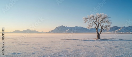 Solitary frost-covered tree in snowy landscape with mountains at sunrise.
