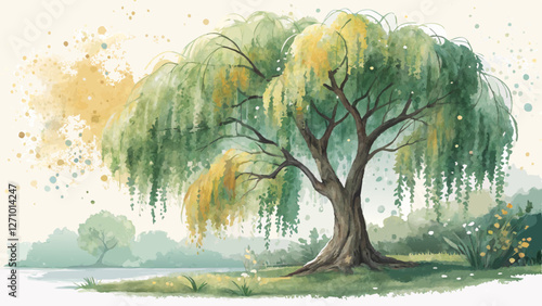Watercolor splashes of green and gold representing willow, layered over a subtle light background, vibrant yet peaceful, perfect for Willow Sunday theme with copy space  