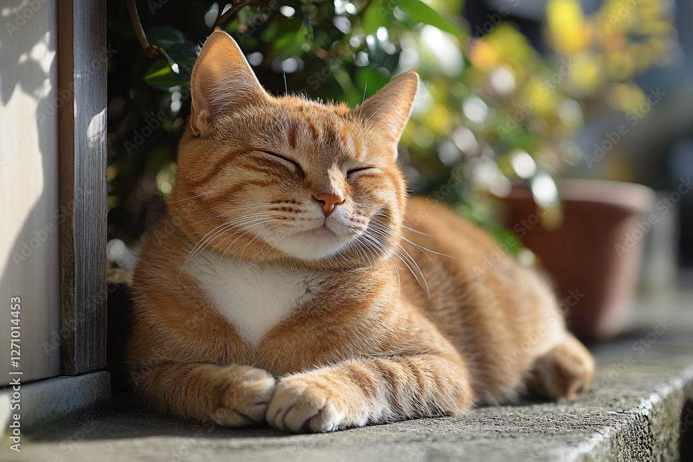 Contented Cat's Sunny Slumber: A close-up shot of a ginger cat blissfully basking in the sun, nestled comfortably in a garden. Contented Cat's Sunny Slumber: A close-up shot of a ginger cat blissfully basking in the sun, nestled comfortably in a garden.