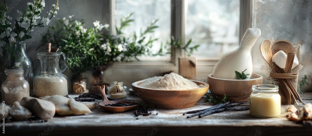 Rustic kitchen still life with flour, dough, and spices near window. Rustic kitchen still life with flour, dough, and spices near window.