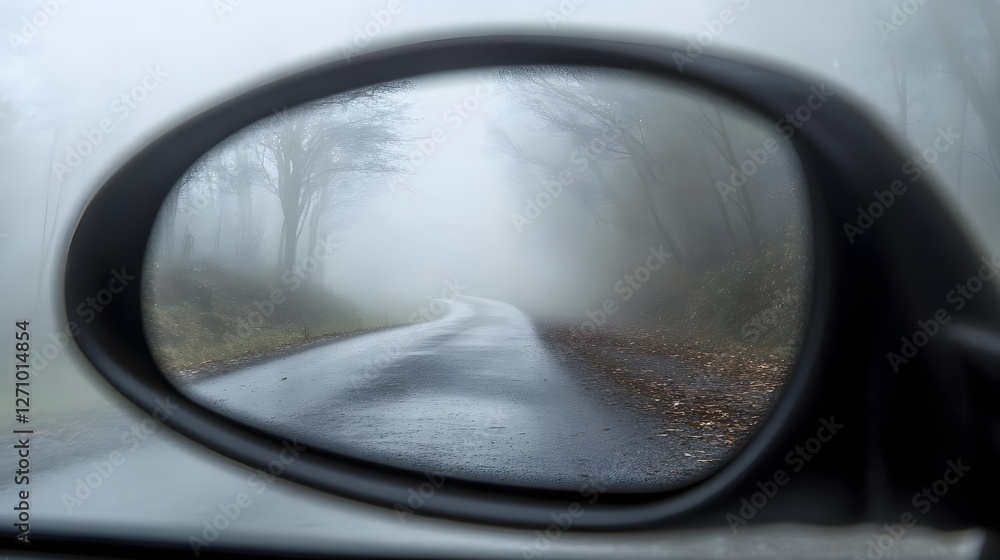 A foggy road viewed through a car's side mirror, creating a sense of mystery and solitude A foggy road viewed through a car's side mirror, creating a sense of mystery and solitude