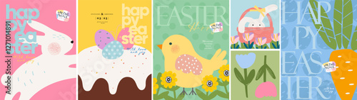 Happy Easter. Vector cute illustration of Easter cake with decorated eggs, bunny, chick, flowers, basket, carrot for greeting card, invitation, postcard, background or poster