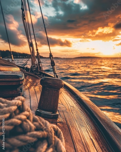 Sunset sailboat view, wooden deck, golden hour, ocean, sea, waves, ropes, nautical, sailing.