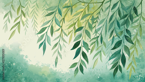 Watercolor textured background with overlapping willow leaf silhouettes in shades of green, creating depth and warmth for Willow Sunday celebration with copy space  
