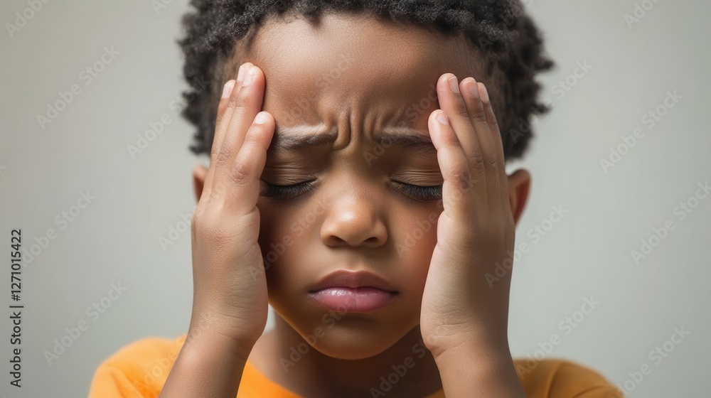 Fototapeta premium Touching Temples: African American Boy Experiencing Headache, Discomfort, and Anxiety