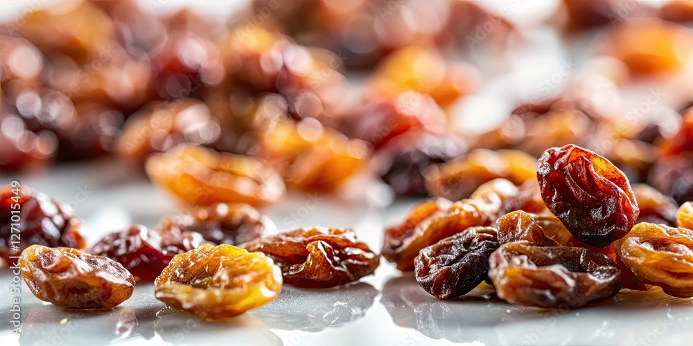High-resolution tilt-shift image showcases dried grapes, their wrinkles and shadows sharply defined on white. High-resolution tilt-shift image showcases dried grapes, their wrinkles and shadows sharply defined on white.