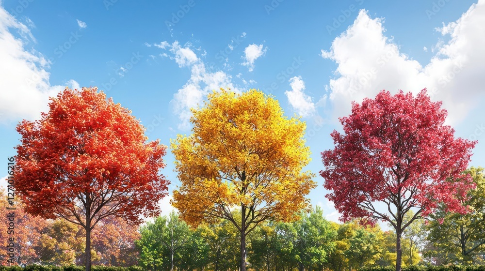 Three Autumn Trees with Red Yellow and Crimson Foliage Against a Blue Sky Three Autumn Trees with Red Yellow and Crimson Foliage Against a Blue Sky