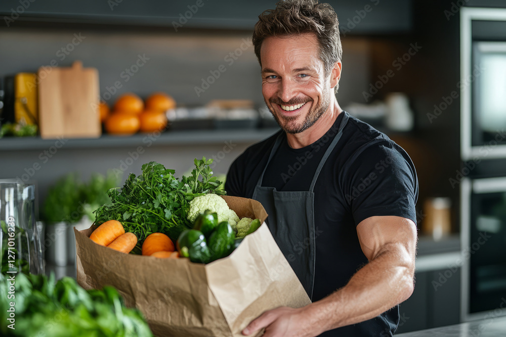 Smiling Man Holding Paper Bag with Fresh Vegetables Smiling Man Holding Paper Bag with Fresh Vegetables